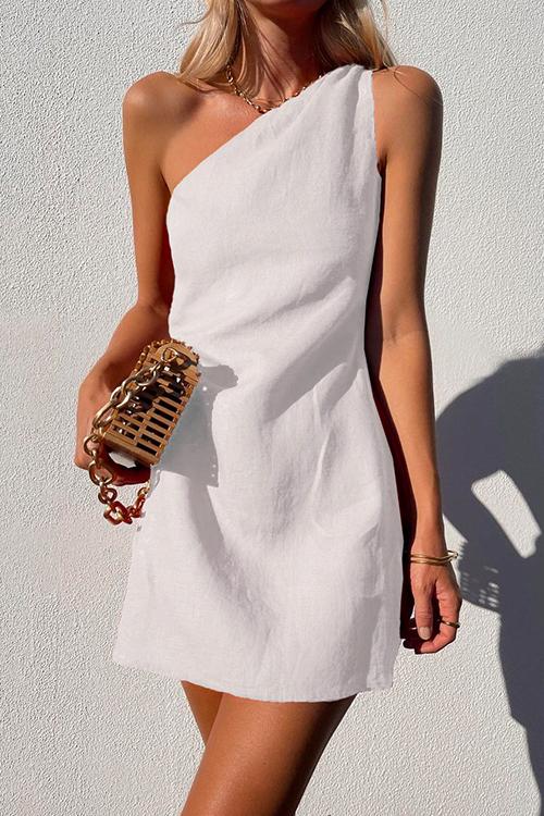 Elegant Mini Dress for Women with One Shoulder Draped Sleeveless Casual Style