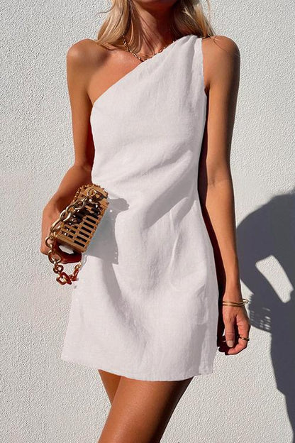 Elegant Mini Dress for Women with One Shoulder Draped Sleeveless Casual Style
