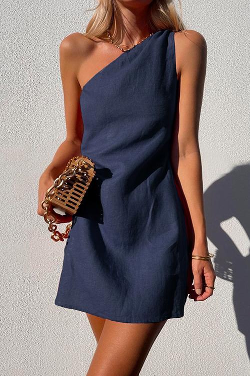 Elegant Mini Dress for Women with One Shoulder Draped Sleeveless Casual Style