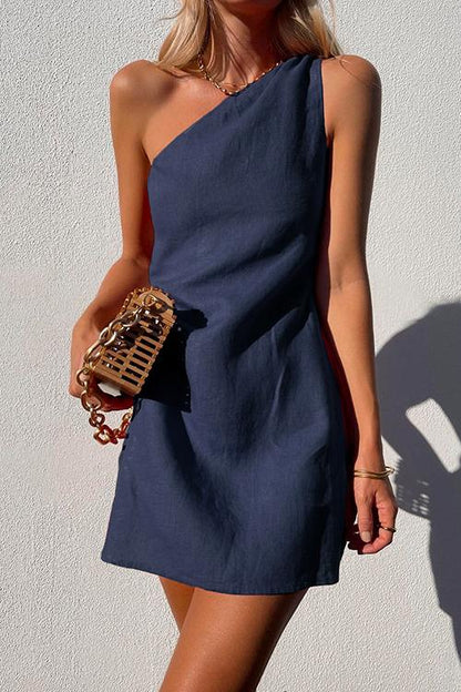Elegant Mini Dress for Women with One Shoulder Draped Sleeveless Casual Style