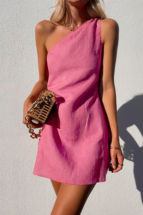 Elegant Mini Dress for Women with One Shoulder Draped Sleeveless Casual Style