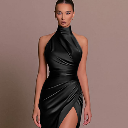 Elegant Satin Midi Dress for Women with High Neck Halter Sleeveless Ruched Thigh Slit Cocktail Style