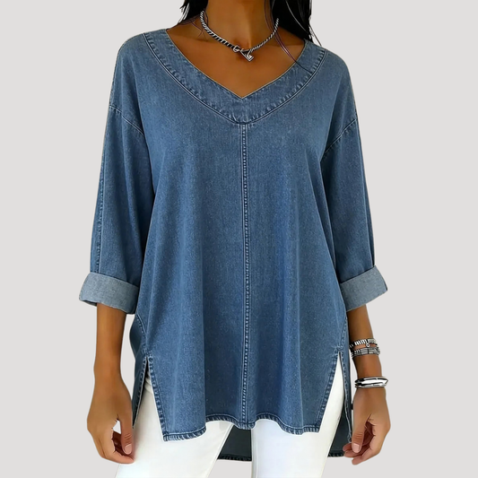 Effortless Denim Tunic Top for Women with V Neck Cuffed Sleeve Side Slit Relaxed Style