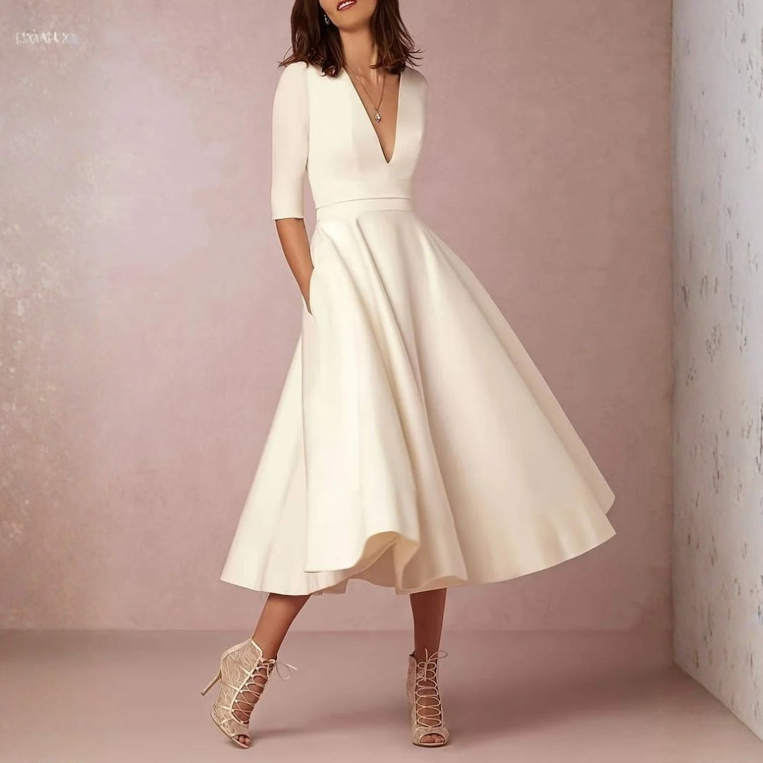 Marisol | Women's Deep V-Neck Fit and Flare Midi Dress