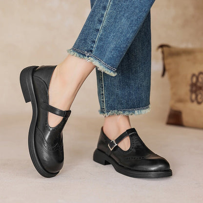 Elegant Leather Mary Jane Flats for Women with T Strap Buckle Wingtip Brogue Platform Sole Style