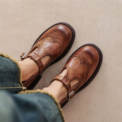 Elegant Leather Mary Jane Flats for Women with T Strap Buckle Wingtip Brogue Platform Sole Style