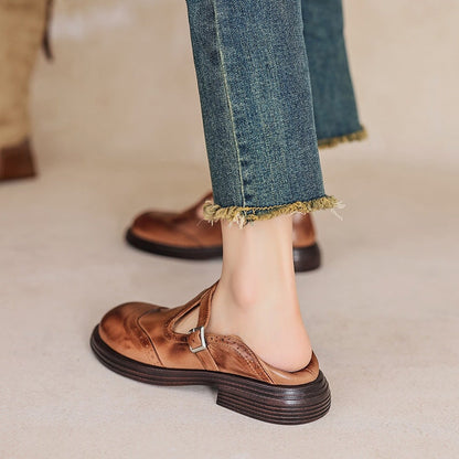 Elegant Leather Mary Jane Flats for Women with T Strap Buckle Wingtip Brogue Platform Sole Style