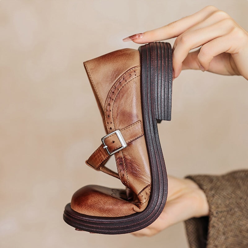 Elegant Leather Mary Jane Flats for Women with T Strap Buckle Wingtip Brogue Platform Sole Style