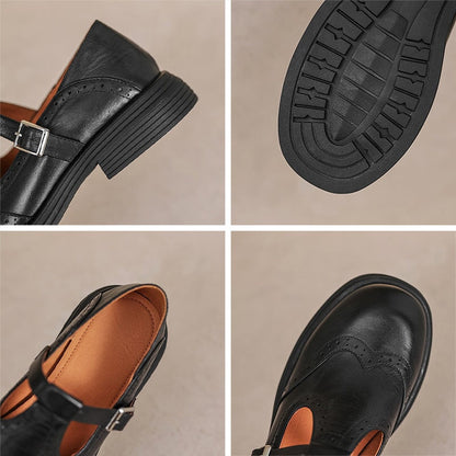 Elegant Leather Mary Jane Flats for Women with T Strap Buckle Wingtip Brogue Platform Sole Style