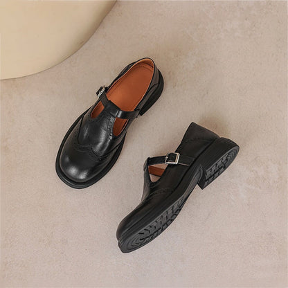 Elegant Leather Mary Jane Flats for Women with T Strap Buckle Wingtip Brogue Platform Sole Style