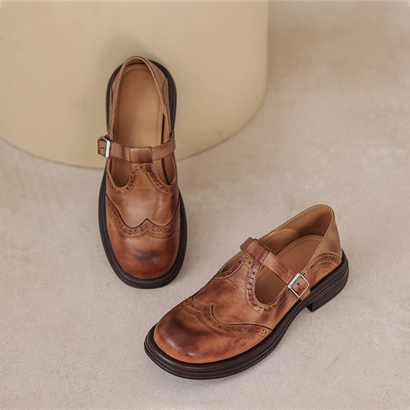 Elegant Leather Mary Jane Flats for Women with T Strap Buckle Wingtip Brogue Platform Sole Style