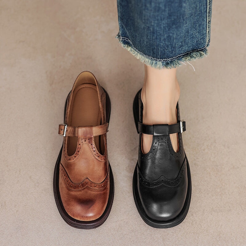Elegant Leather Mary Jane Flats for Women with T Strap Buckle Wingtip Brogue Platform Sole Style