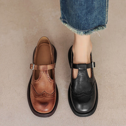 Elegant Leather Mary Jane Flats for Women with T Strap Buckle Wingtip Brogue Platform Sole Style