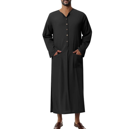 Ryan | Men's Relaxed-Fit Maxi Linen Kaftan Tunic Stand-Collar Button Placket