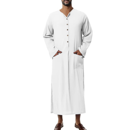 Ryan | Men's Relaxed-Fit Maxi Linen Kaftan Tunic Stand-Collar Button Placket