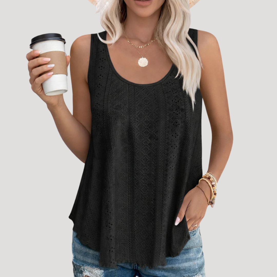 Effortless Eyelet Tank Top for Women with Scoop Neck Sleeveless Crochet Lace Flowy Bohemian Style