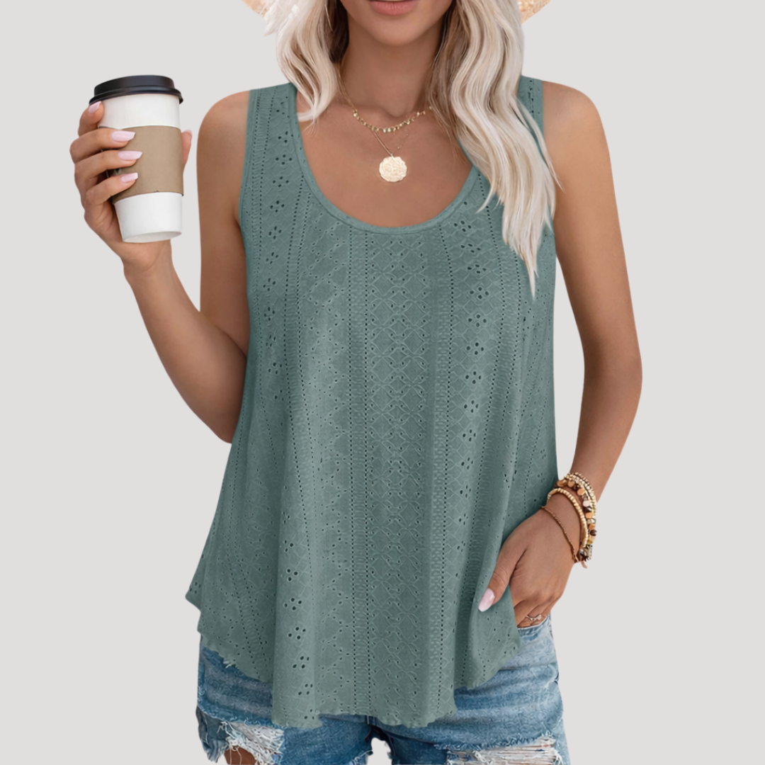 Effortless Eyelet Tank Top for Women with Scoop Neck Sleeveless Crochet Lace Flowy Bohemian Style