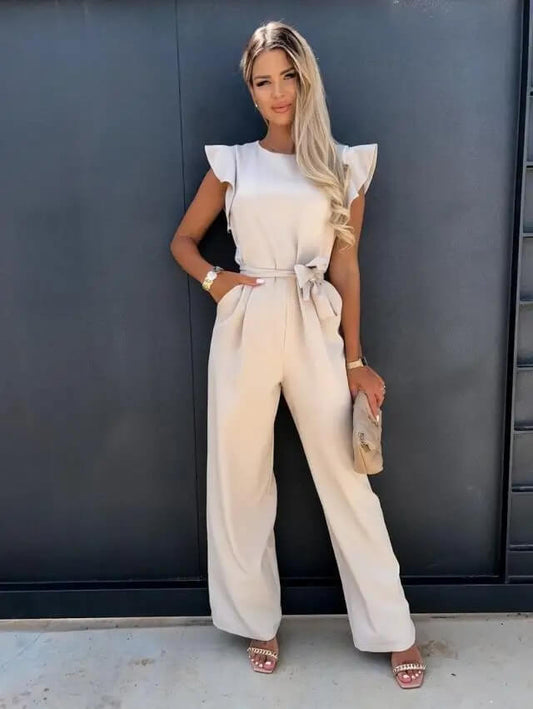Elegant Wide Leg Jumpsuit for Women with Round Neck Flutter Sleeve Belted Flowing Style