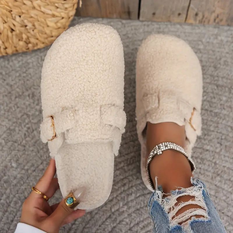 Comfortable Clogs for Women with Teddy Fleece Upper Buckle Strap Backless Slip On House Shoes