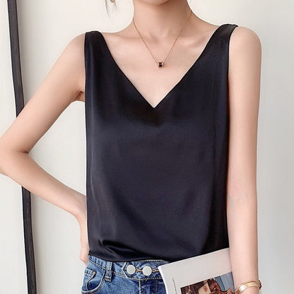 Effortless Satin Blouse for Women with V Neck Sleeveless Flowing Tank Style
