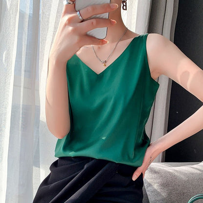 Effortless Satin Blouse for Women with V Neck Sleeveless Flowing Tank Style
