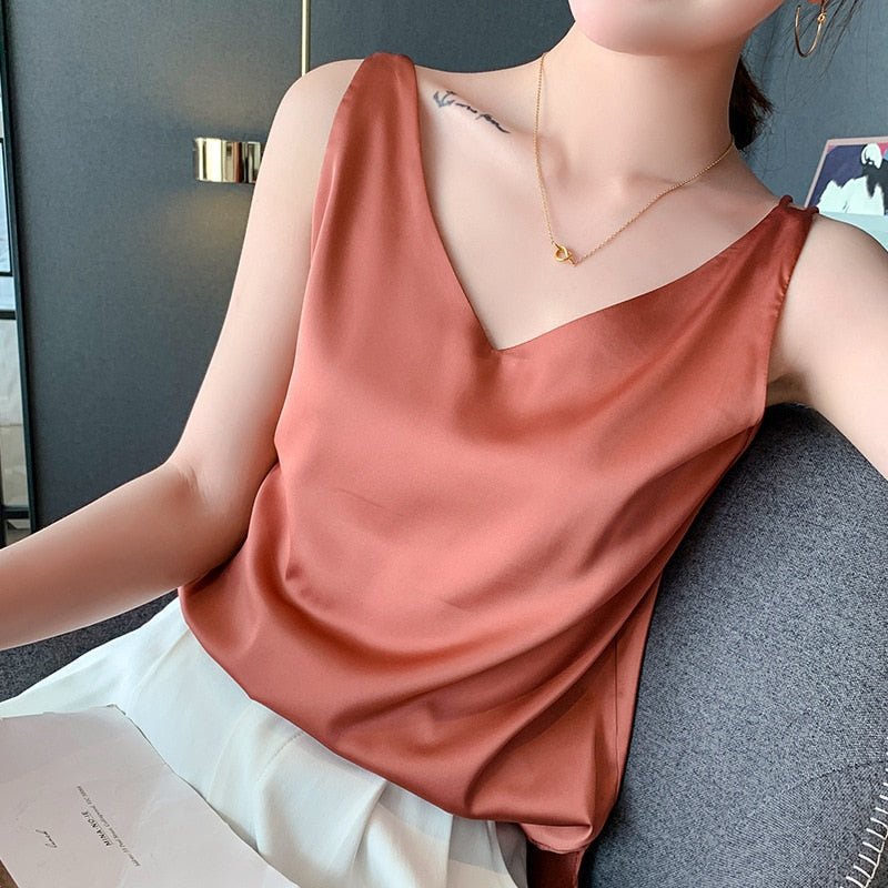 Effortless Satin Blouse for Women with V Neck Sleeveless Flowing Tank Style