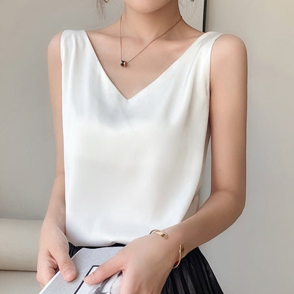 Effortless Satin Blouse for Women with V Neck Sleeveless Flowing Tank Style