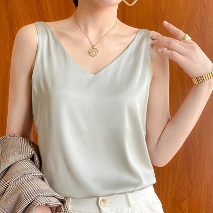 Effortless Satin Blouse for Women with V Neck Sleeveless Flowing Tank Style