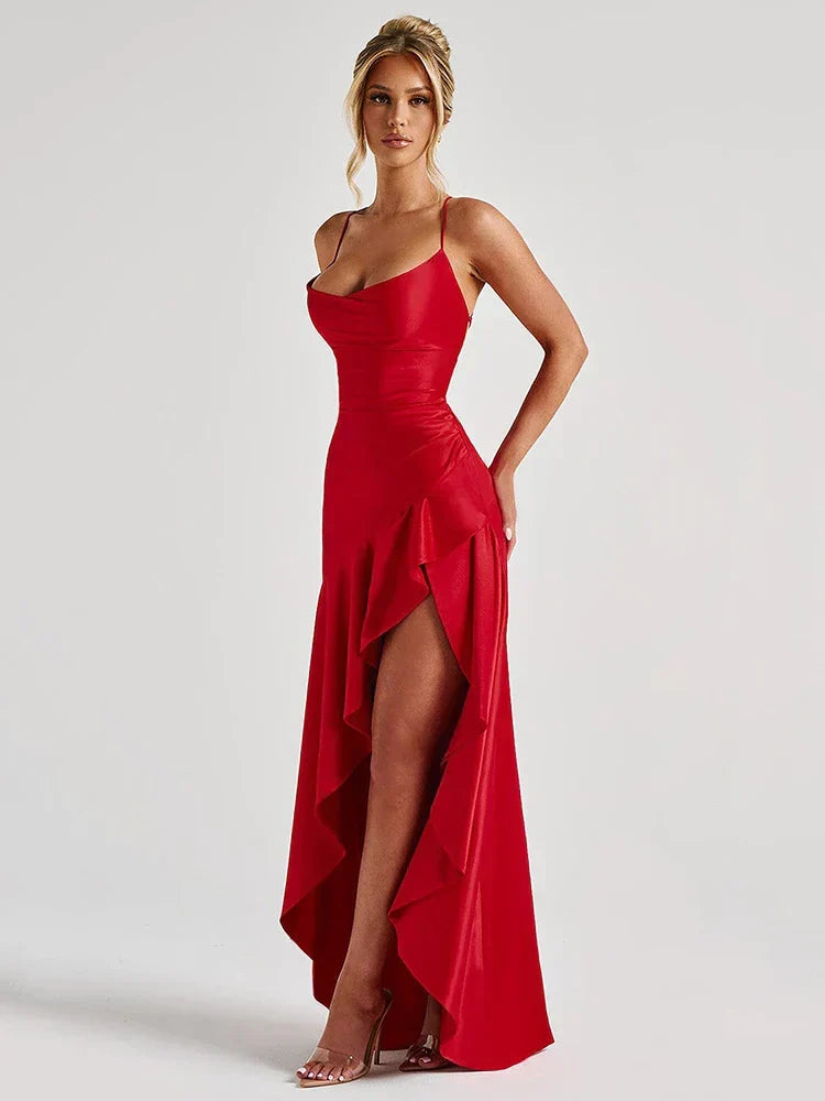 Renata | Women's Spaghetti Strap Ruched High Slit Maxi Dress