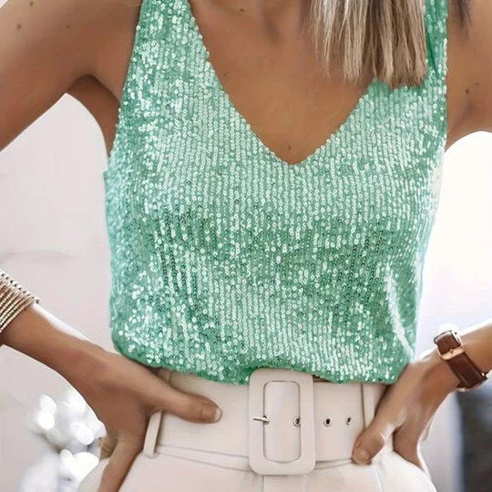 Elegant Sequin Tank Top for Women with V Neck Sleeveless Cropped Sparkle Formal Party Style