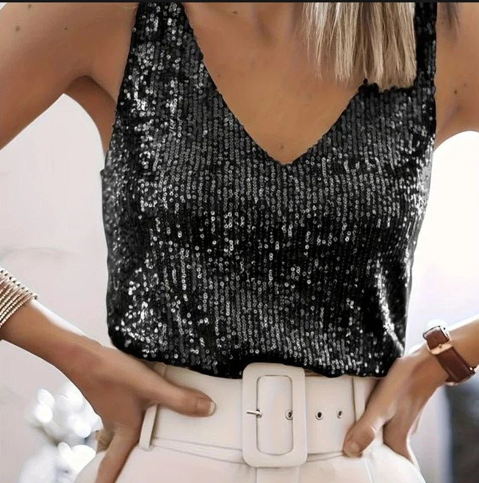 Elegant Sequin Tank Top for Women with V Neck Sleeveless Cropped Sparkle Formal Party Style