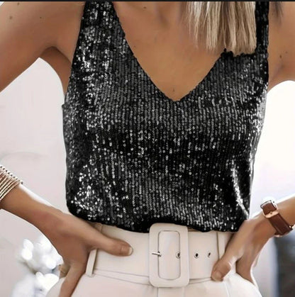 Elegant Sequin Tank Top for Women with V Neck Sleeveless Cropped Sparkle Formal Party Style