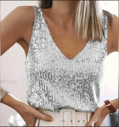 Elegant Sequin Tank Top for Women with V Neck Sleeveless Cropped Sparkle Formal Party Style
