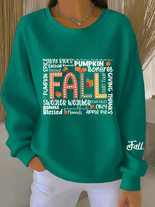Comfortable Blue Green Fall Print Sweatshirt for Women with Crew Neck Long Sleeve Relaxed Ribbed Knit Style