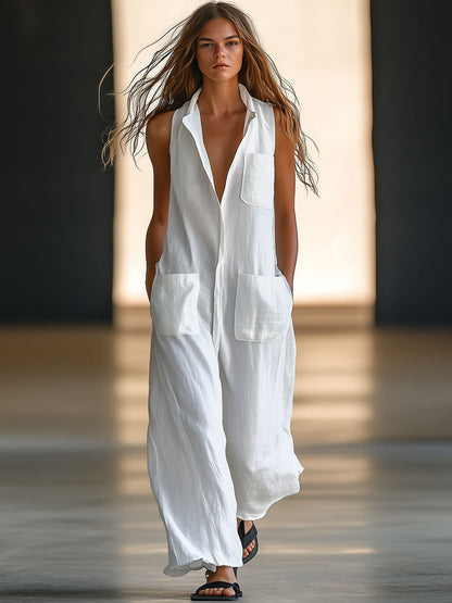 Effortless White Linen Jumpsuit for Women with V Neck Sleeveless Button Front Wide Leg Style