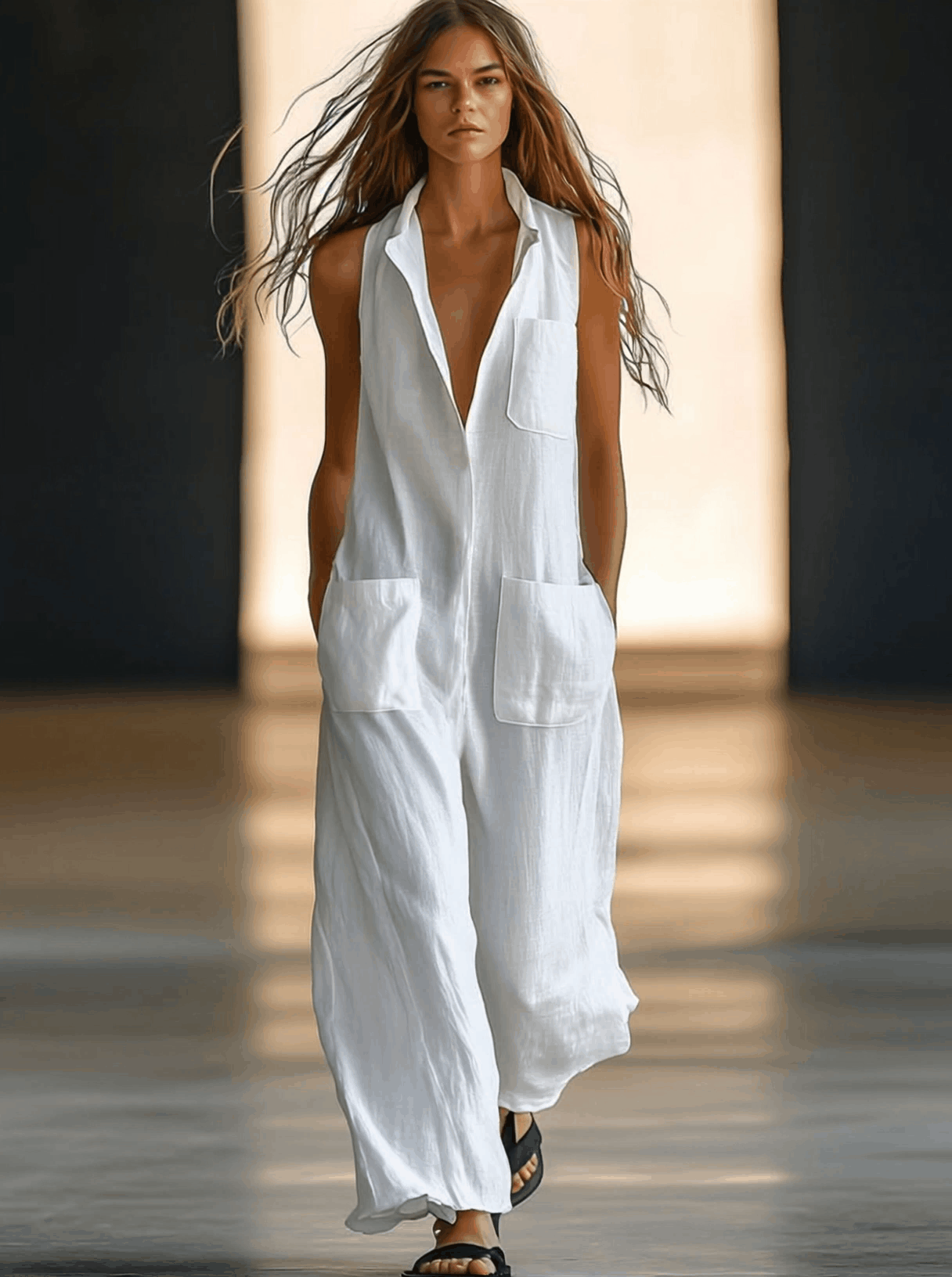 Effortless White Linen Jumpsuit for Women with V Neck Sleeveless Button Front Wide Leg Style