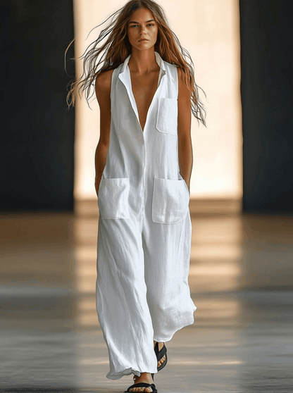 Effortless White Linen Jumpsuit for Women with V Neck Sleeveless Button Front Wide Leg Style