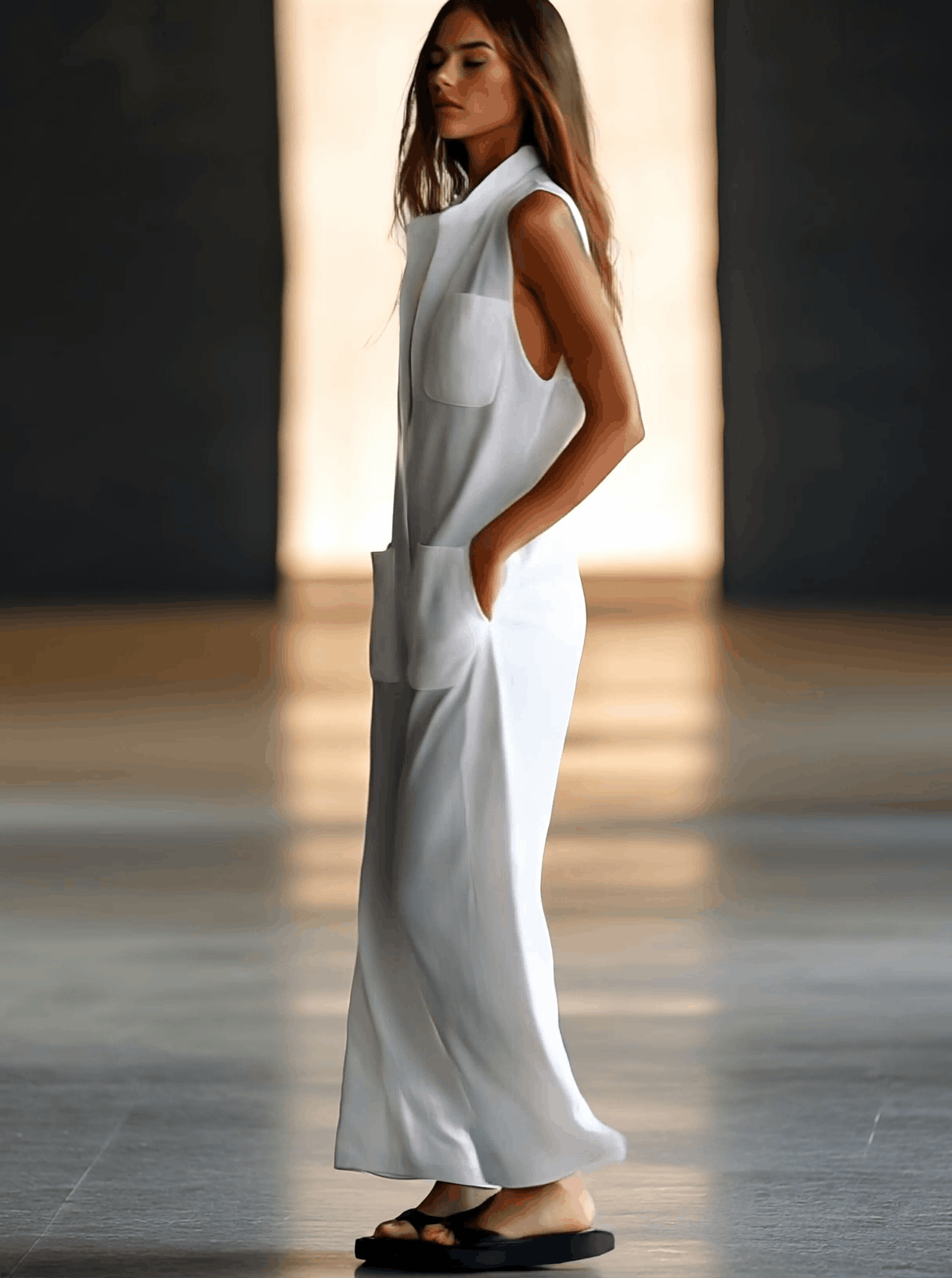 Effortless White Linen Jumpsuit for Women with V Neck Sleeveless Button Front Wide Leg Style