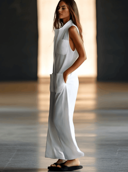 Effortless White Linen Jumpsuit for Women with V Neck Sleeveless Button Front Wide Leg Style