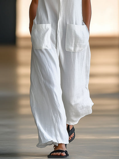 Effortless White Linen Jumpsuit for Women with V Neck Sleeveless Button Front Wide Leg Style