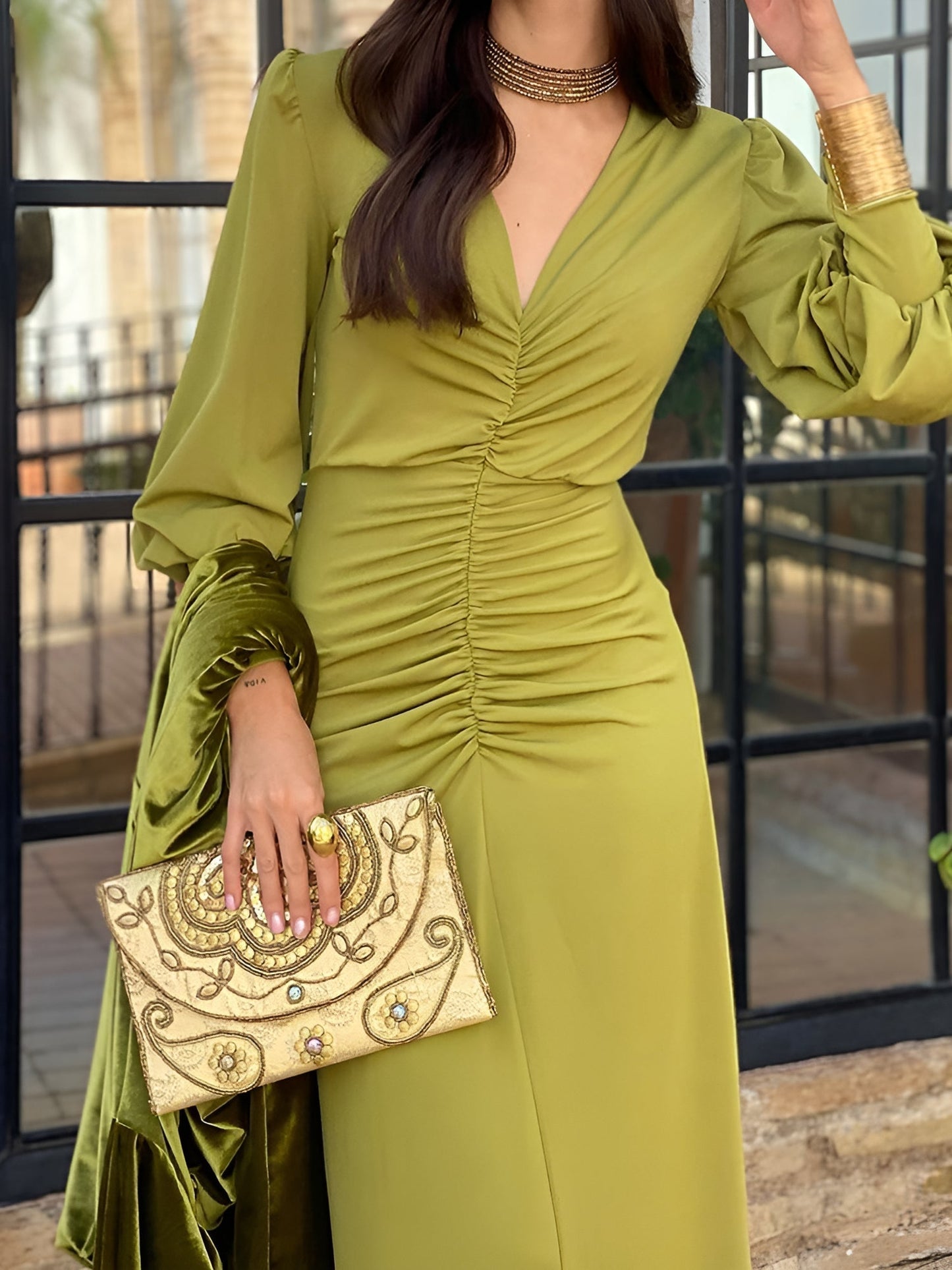 Elegant Maxi Dress for Women with V Neck Long Sleeve Ruched High Low Fall Wedding Guest Style