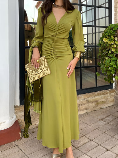 Elegant Maxi Dress for Women with V Neck Long Sleeve Ruched High Low Fall Wedding Guest Style