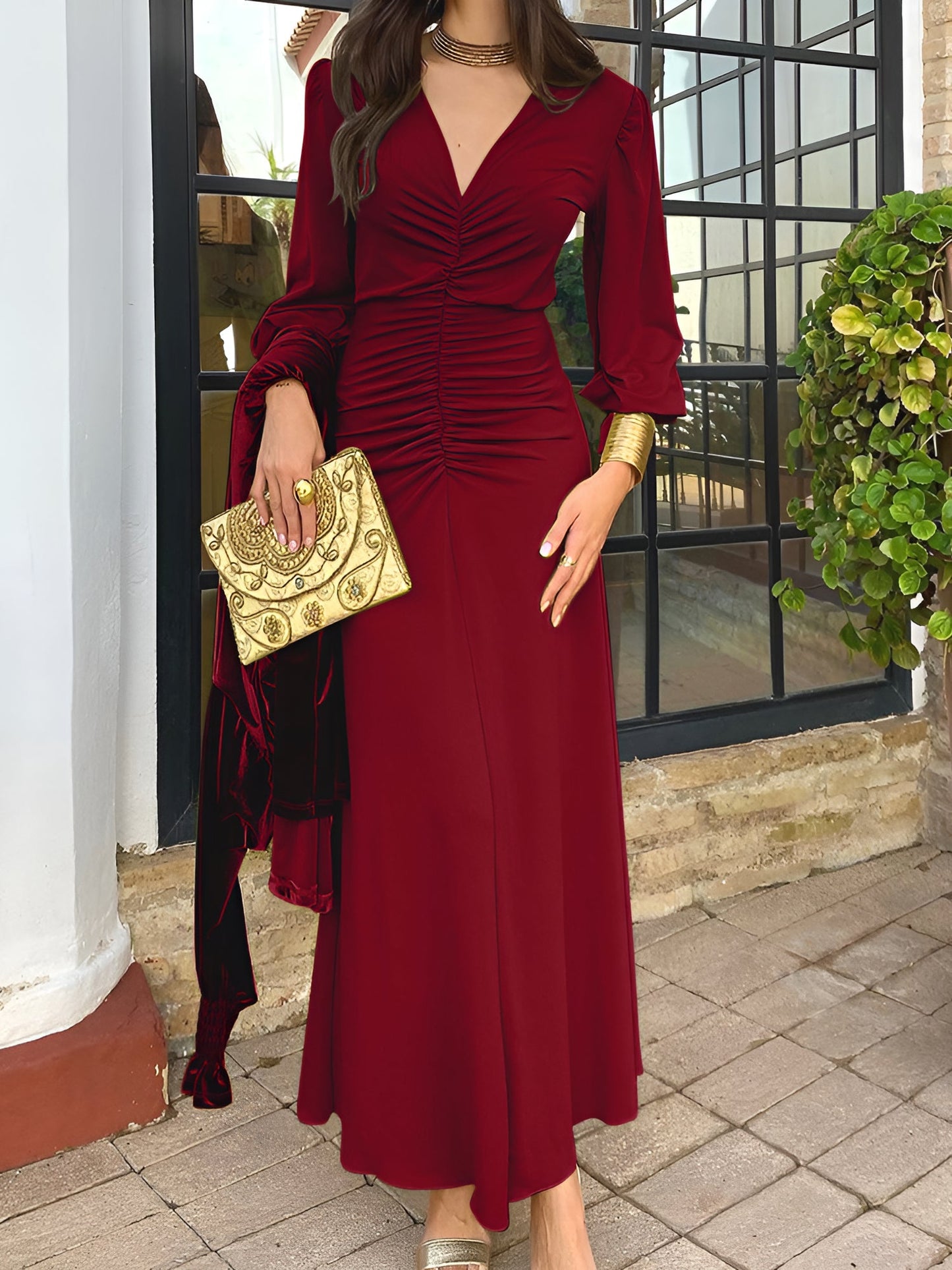 Elegant Maxi Dress for Women with V Neck Long Sleeve Ruched High Low Fall Wedding Guest Style