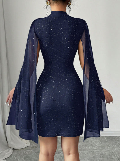 Elegant Sequin Birthday Dress for Women with Cutout High Neck Cape Sleeve