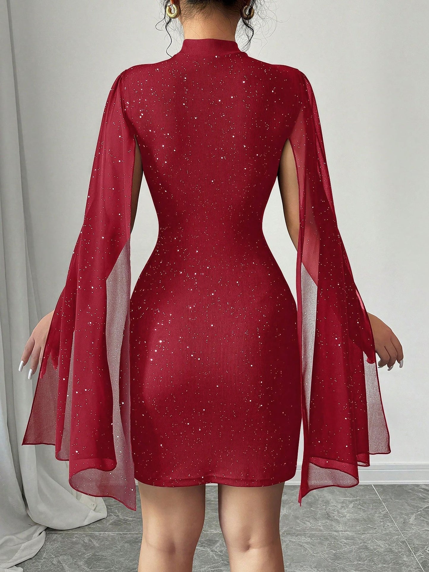 Elegant Sequin Birthday Dress for Women with Cutout High Neck Cape Sleeve