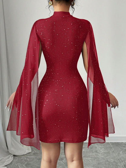 Elegant Sequin Birthday Dress for Women with Cutout High Neck Cape Sleeve