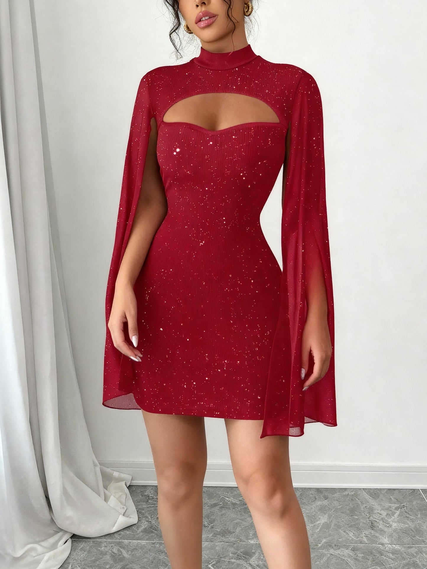 Elegant Sequin Birthday Dress for Women with Cutout High Neck Cape Sleeve
