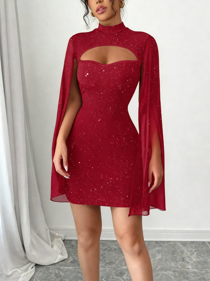 Elegant Sequin Birthday Dress for Women with Cutout High Neck Cape Sleeve