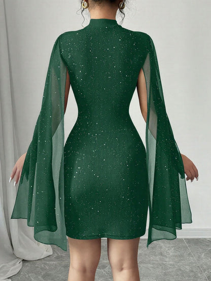 Elegant Sequin Birthday Dress for Women with Cutout High Neck Cape Sleeve