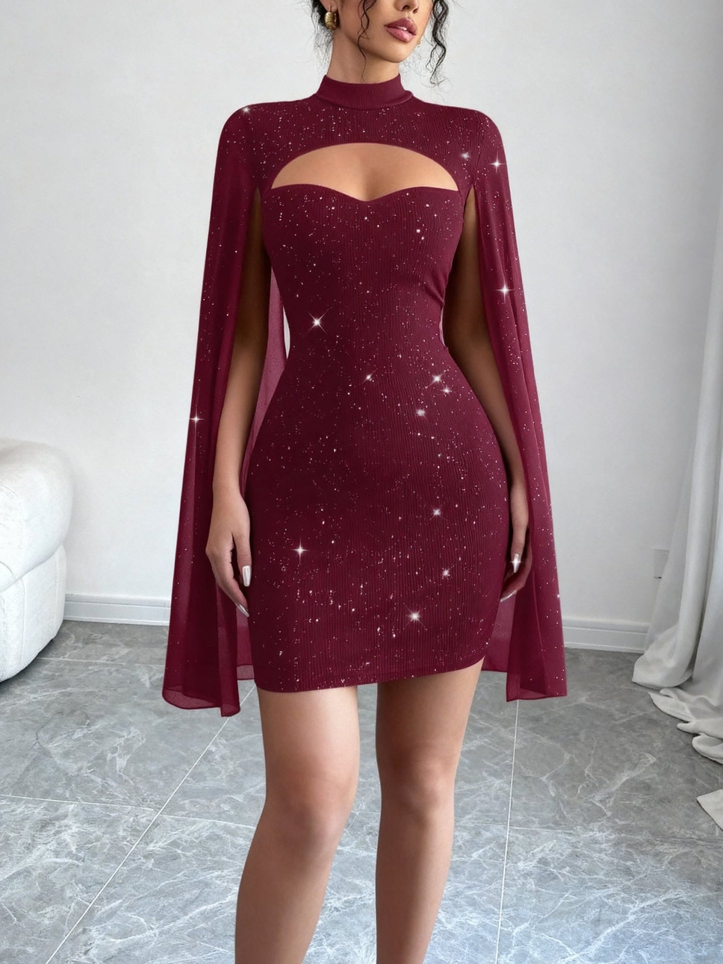 Elegant Sequin Birthday Dress for Women with Cutout High Neck Cape Sleeve